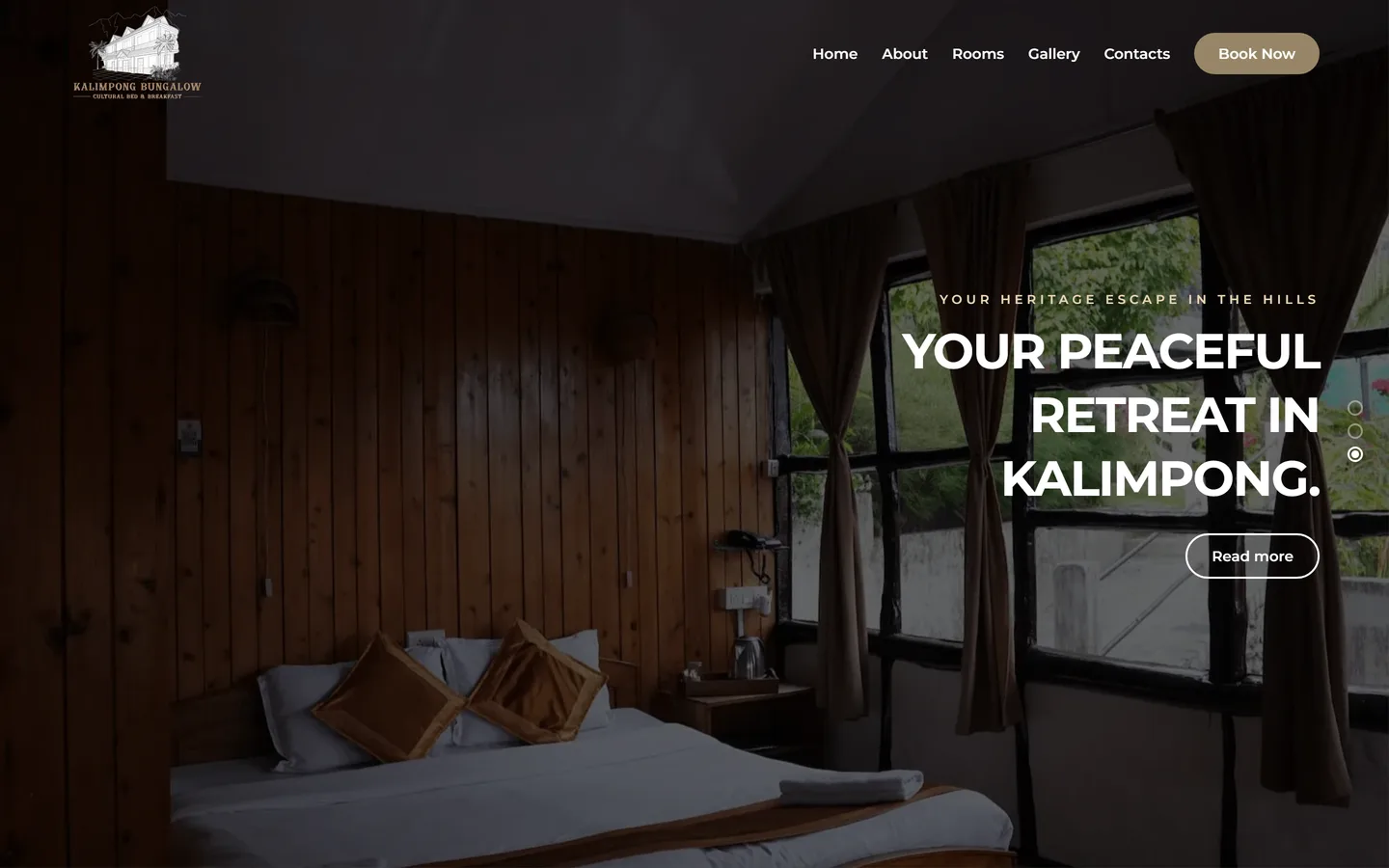 Kalimpong Bungalow website homepage showing the heritage building and booking call-to-action