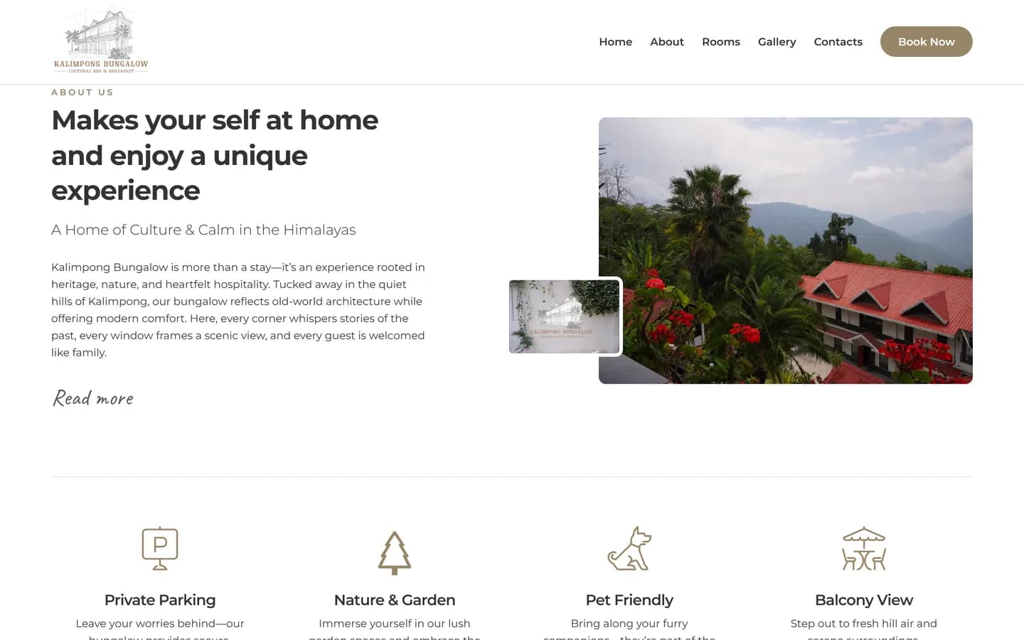 Kalimpong Bungalow website scrolled to the section introducing the house and its history