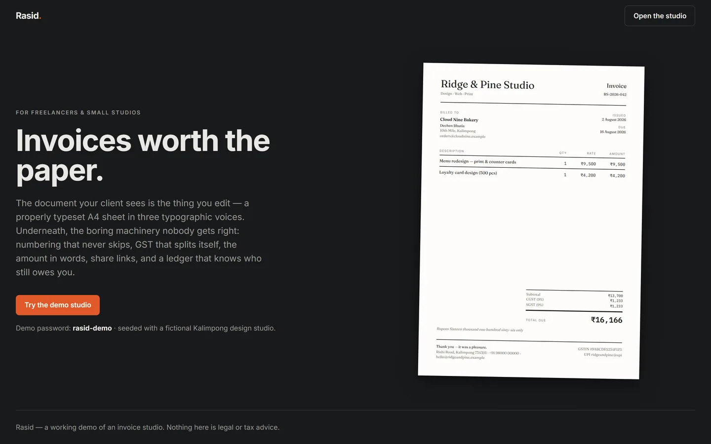 Rasid landing page with a tilted sample invoice typeset in the letterpress theme