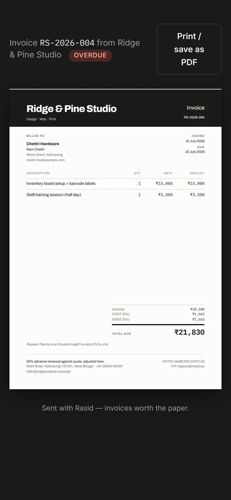 A shared Rasid invoice opened on a phone, as a client would see it
