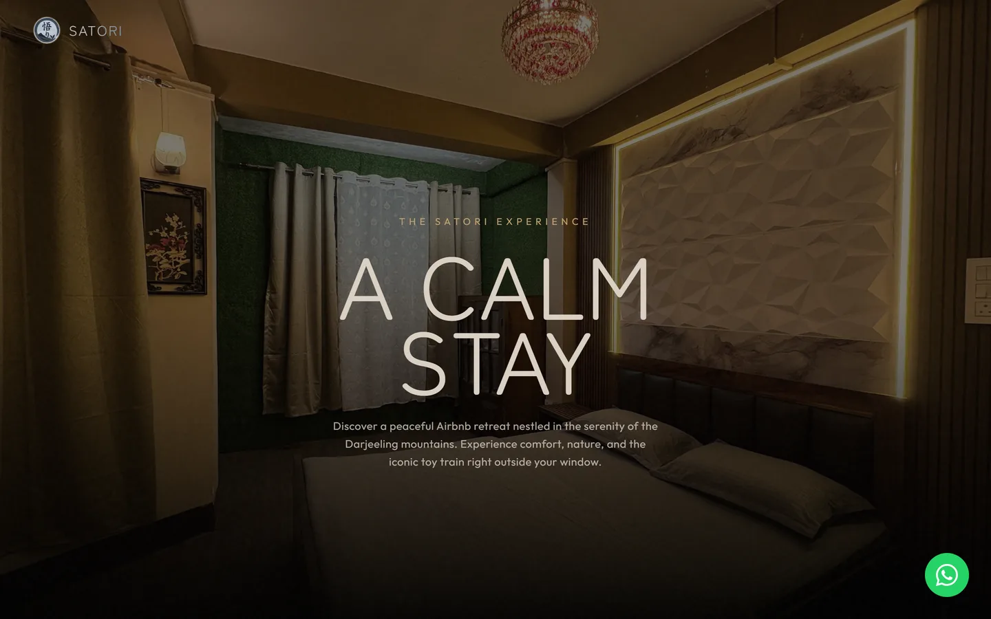 Satori Stay website homepage showing the mountain retreat photography and booking call-to-action