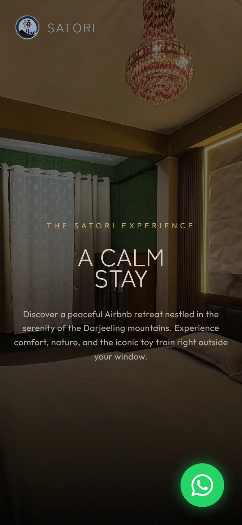 Satori Stay website on a phone, showing the mobile homepage and booking button